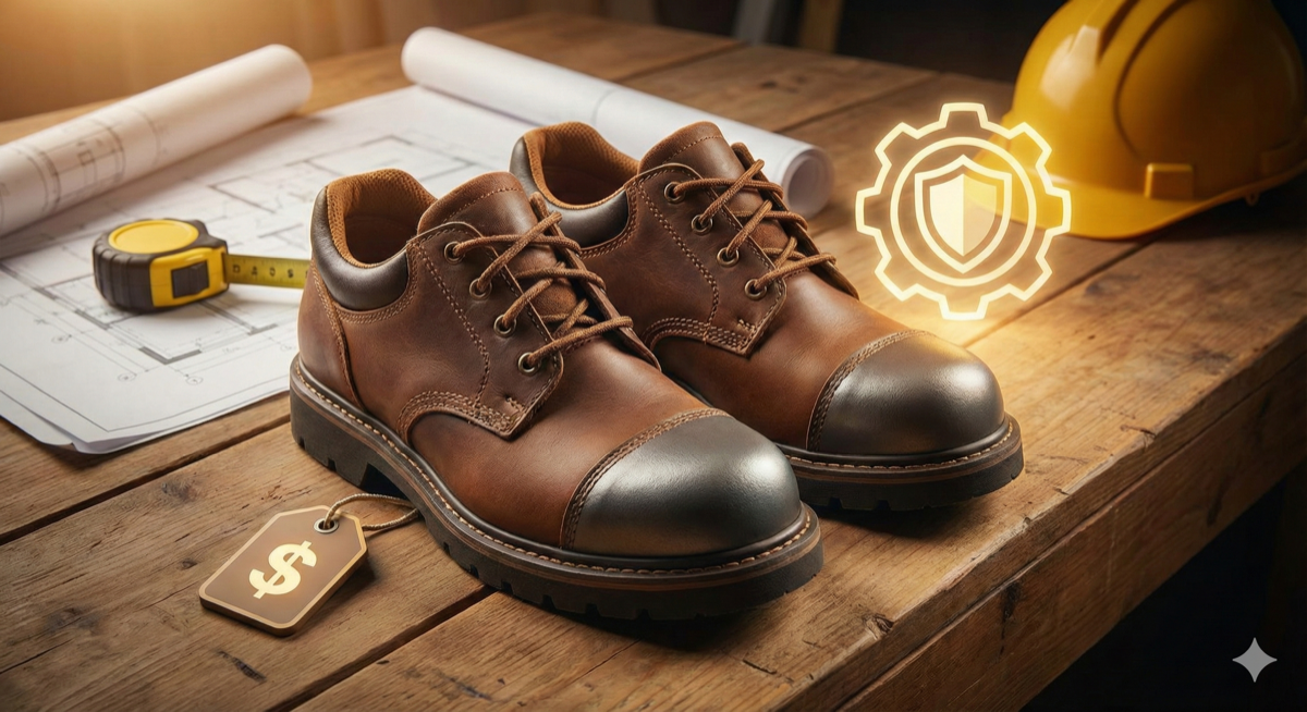 Various work shoes in a row